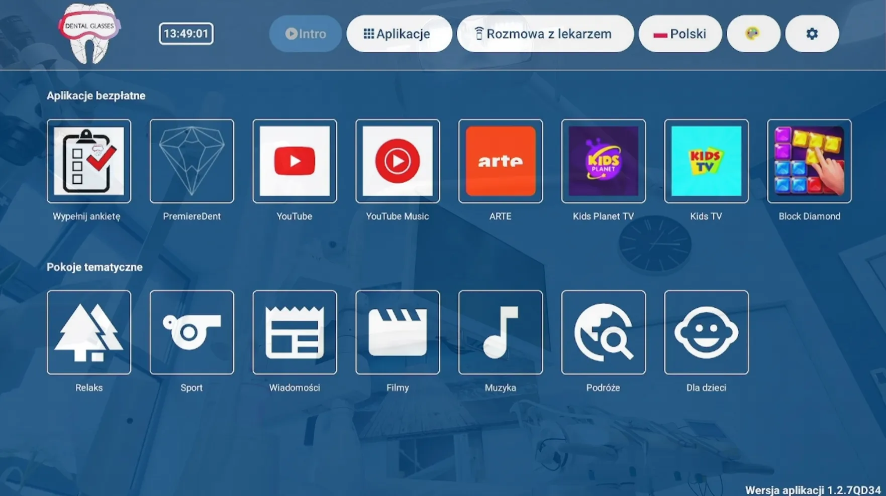 Ekran „Aplikacje” w okularach Dental Glasses: YouTube, YouTube Music, ARTE, aplikacje dla dzieci, ankieta i 7 pokoi tematycznych