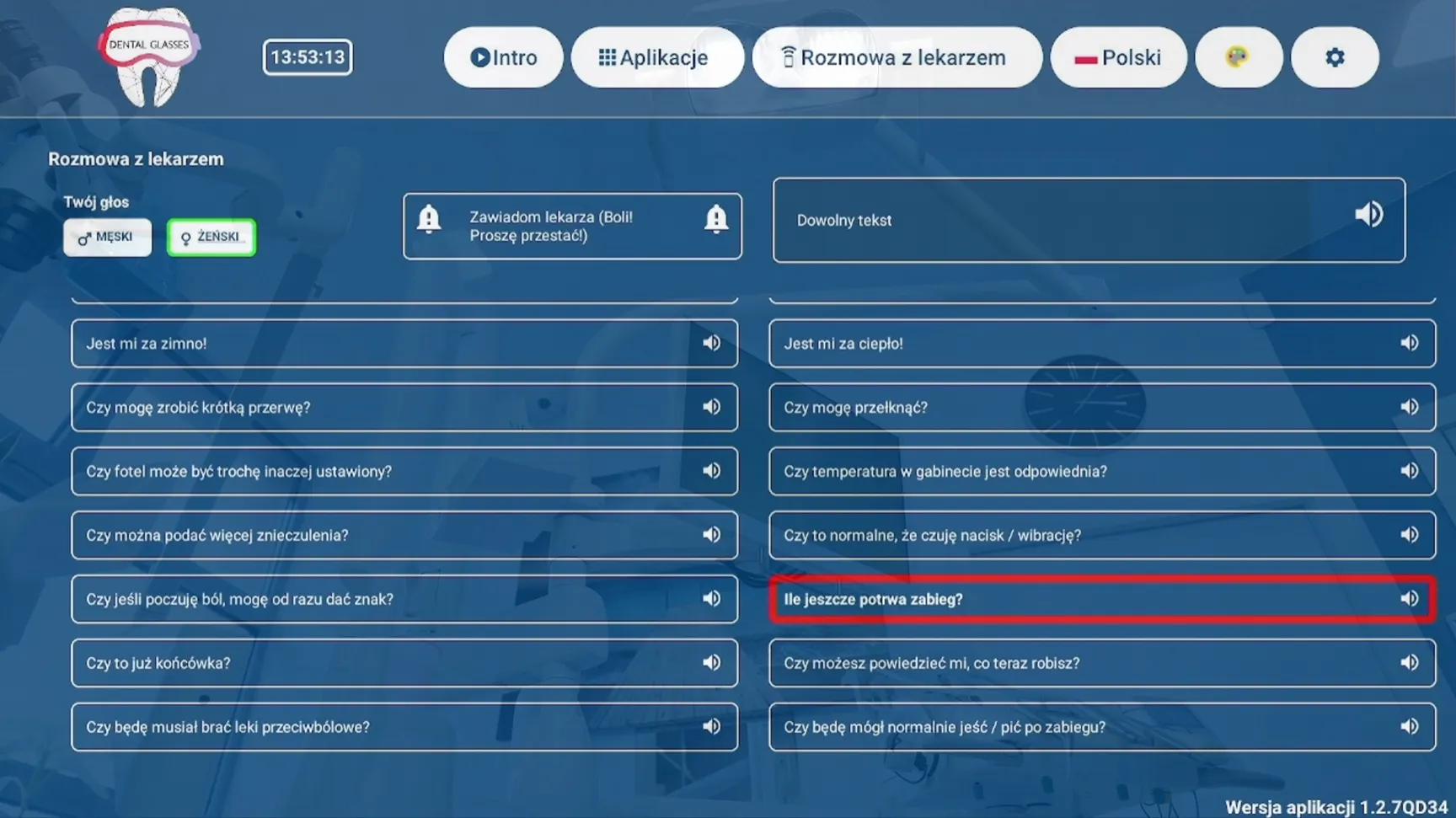 Moduł „Rozmowa z lekarzem”: wybór głosu lektora, przycisk „Zawiadom lekarza (Boli! Proszę przestać!)”, pole na dowolny tekst i gotowe komunikaty